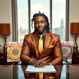 A handsome black man with dreadlocks pulled back is seated confidently at an executive desk