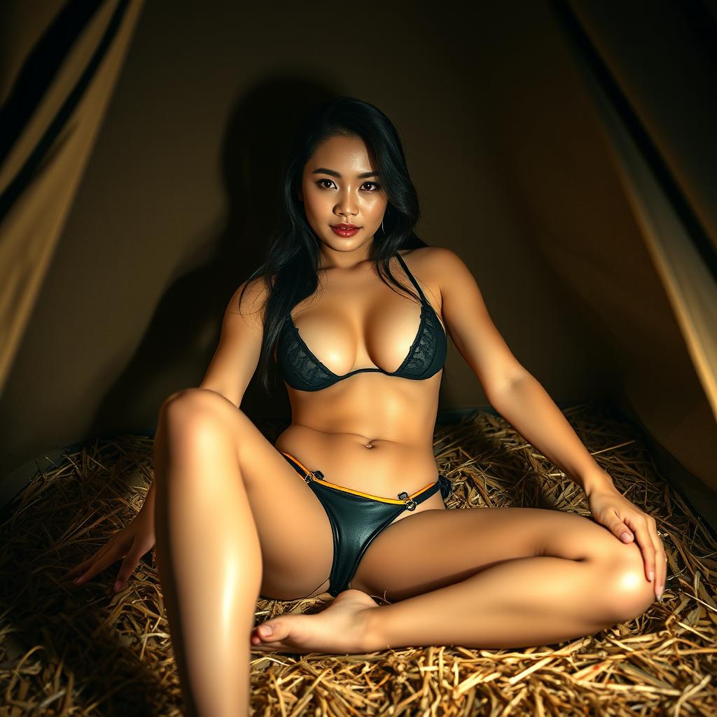 A stunning Thai woman at night, embodying sensuality as she lies inside a tent on a bed of hay