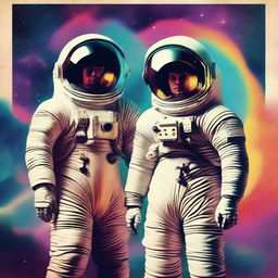 A high-quality digital art piece, reminiscent of 1950's science fiction film posters, featuring two gay men in astronaut suits