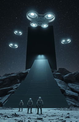 A surreal and dramatic scene depicting gigantic long stairs leading up to an enormous black rectangular building measuring ten kilometers wide and five kilometers tall