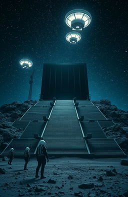 A surreal and dramatic scene depicting gigantic long stairs leading up to an enormous black rectangular building measuring ten kilometers wide and five kilometers tall