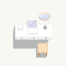 A 2D pixel art illustration showcasing a top-down view of a floating white vanity table