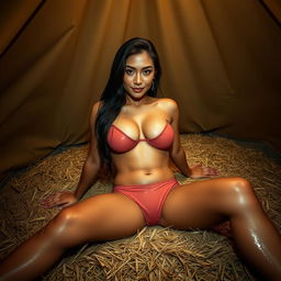 A stunning Thai woman at night, lying inside a tent on a bed of hay, radiating sensuality