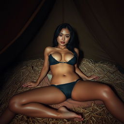 A stunning Thai woman at night, sensuously lying in a tent filled with hay, showcasing her deep cleavage