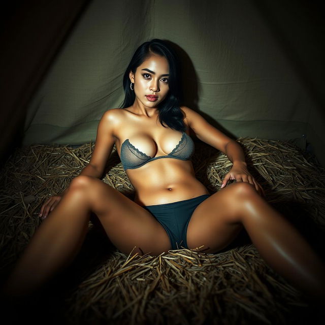 A stunning Thai woman at night, sensuously lying in a tent filled with hay, showcasing her deep cleavage