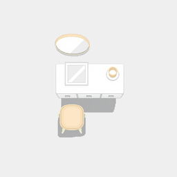 A 2D pixel art illustration showcasing a top-down view of a floating white vanity table
