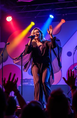 A passionate vocalist performing on stage in a vibrant setting