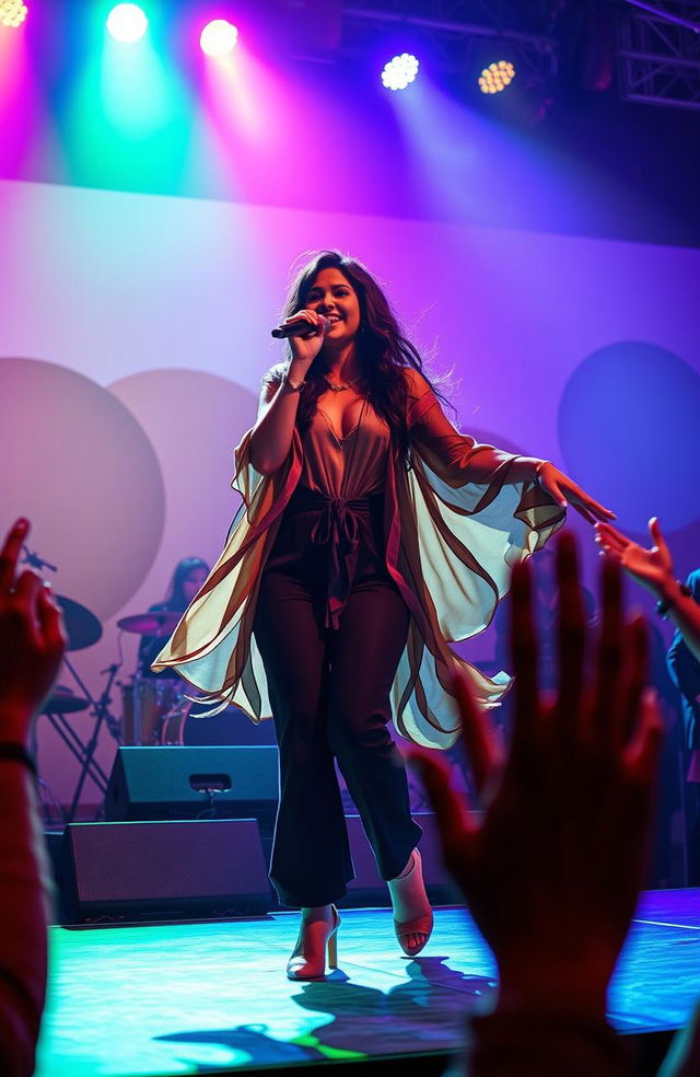 A passionate vocalist performing on stage in a vibrant setting