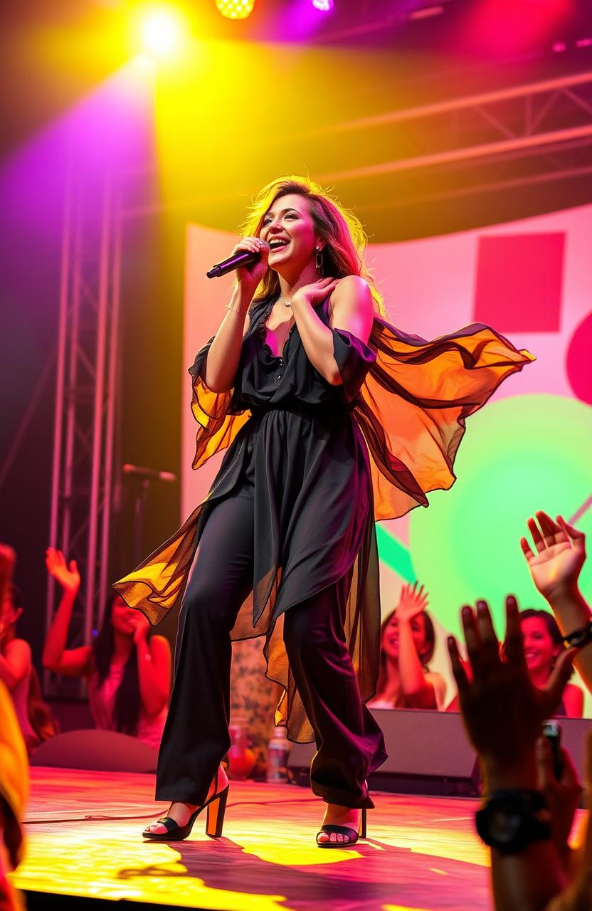 A passionate vocalist performing on stage in a vibrant setting