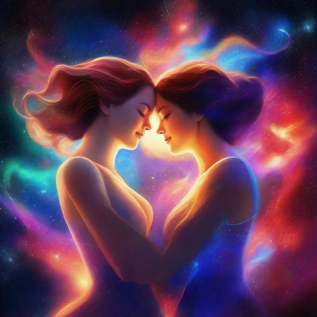 A digital art of two women in love, floating in the vastness of outer space