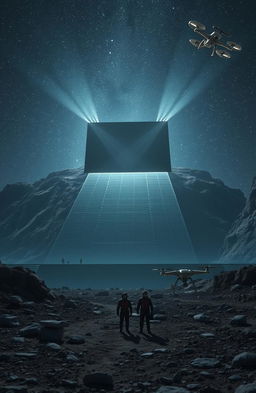 A breathtaking landscape featuring gigantic long stairs leading up to a colossal rectangular black building, measuring ten kilometers wide and five kilometers tall, stretching across both horizons