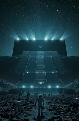 A breathtaking landscape featuring gigantic long stairs leading up to a colossal rectangular black building, measuring ten kilometers wide and five kilometers tall, stretching across both horizons