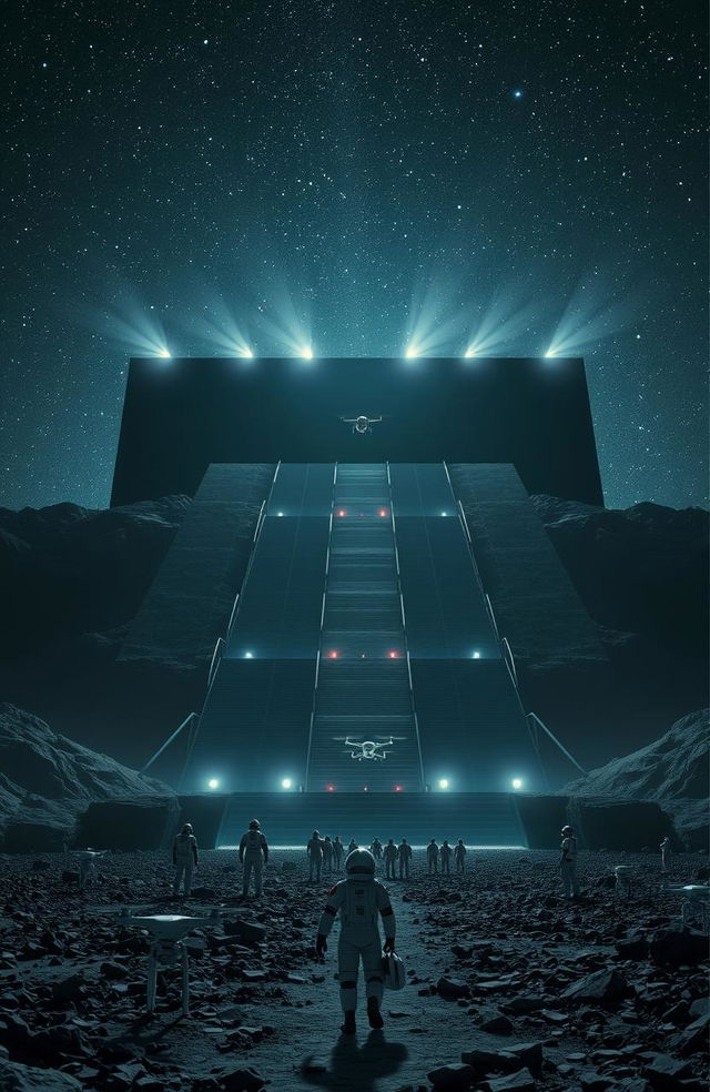 A breathtaking landscape featuring gigantic long stairs leading up to a colossal rectangular black building, measuring ten kilometers wide and five kilometers tall, stretching across both horizons