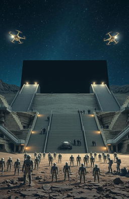 A breathtaking landscape featuring gigantic long stairs leading up to a colossal rectangular black building, measuring ten kilometers wide and five kilometers tall, stretching across both horizons