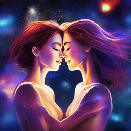 A digital art of two women in love, floating in the vastness of outer space