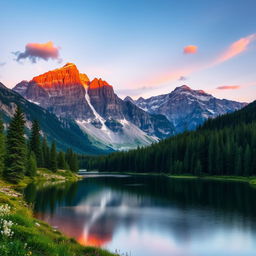 A majestic mountain landscape during sunset, showcasing towering peaks with a warm glow from the sun setting behind them, reflecting vibrant oranges and pinks in the sky