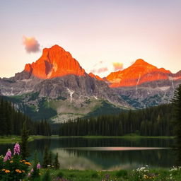 A majestic mountain landscape during sunset, showcasing towering peaks with a warm glow from the sun setting behind them, reflecting vibrant oranges and pinks in the sky