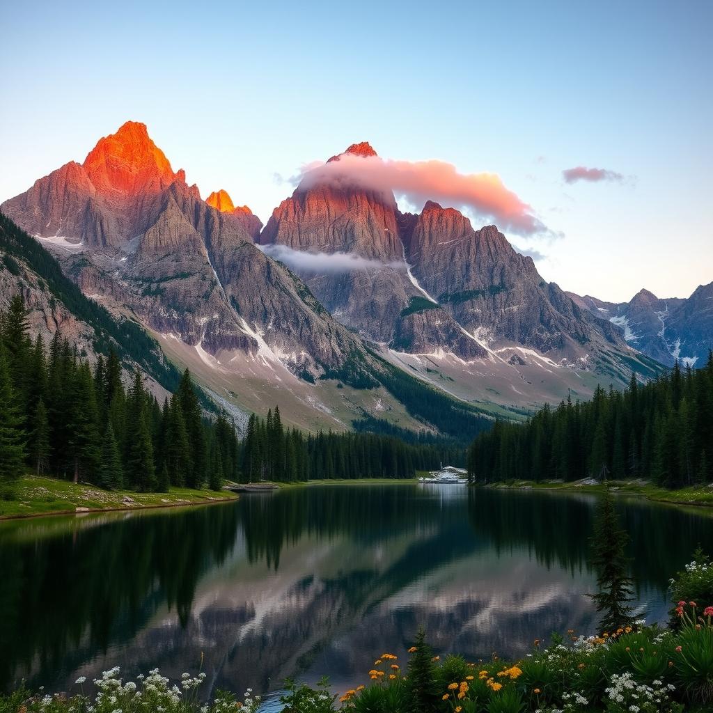 A majestic mountain landscape during sunset, showcasing towering peaks with a warm glow from the sun setting behind them, reflecting vibrant oranges and pinks in the sky