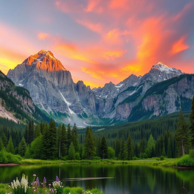 A majestic mountain landscape during sunset, showcasing towering peaks with a warm glow from the sun setting behind them, reflecting vibrant oranges and pinks in the sky