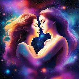 A digital art of two women in love, floating in the vastness of outer space