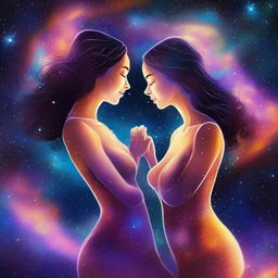 A digital art of two women in love, floating in the vastness of outer space