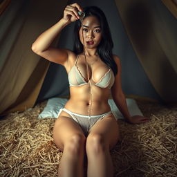 A mesmerizing Thai woman at night, lying sensually inside a tent on a bed of hay, revealing her deep cleavage