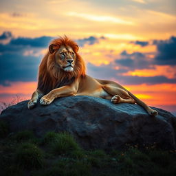 A powerful, majestic lion resting on a large rocky outcrop under a vibrant sunset sky