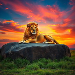 A powerful, majestic lion resting on a large rocky outcrop under a vibrant sunset sky