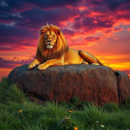 A powerful, majestic lion resting on a large rocky outcrop under a vibrant sunset sky