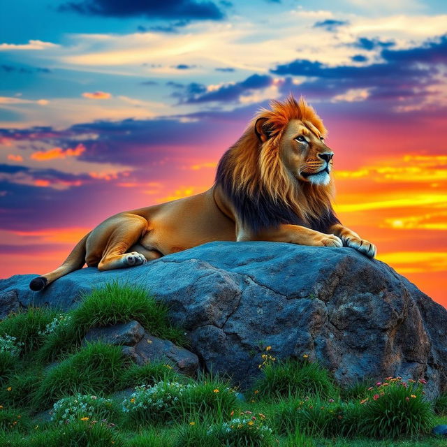 A powerful, majestic lion resting on a large rocky outcrop under a vibrant sunset sky