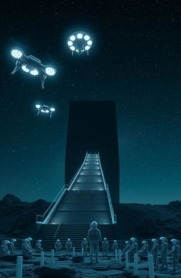 A breathtaking scene featuring a gigantic, long staircase leading to an immense rectangular black building, measuring ten kilometers wide and five kilometers tall, extending horizontally to the left and right