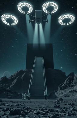 A breathtaking scene featuring a gigantic, long staircase leading to an immense rectangular black building, measuring ten kilometers wide and five kilometers tall, extending horizontally to the left and right