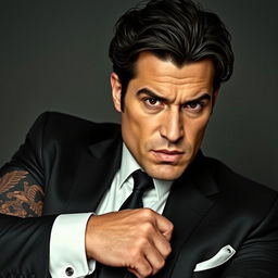 A powerful and charismatic mafia don with intense dark eyes, showcasing a complex mix of calculation and passion