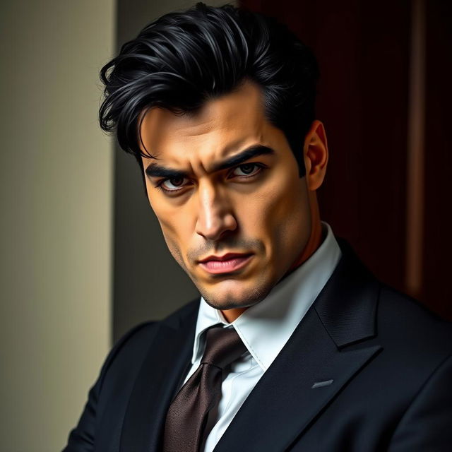 A powerful and charismatic mafia don with intense dark eyes, showcasing a complex mix of calculation and passion