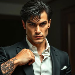 A powerful and charismatic mafia don with intense dark eyes, showcasing a complex mix of calculation and passion