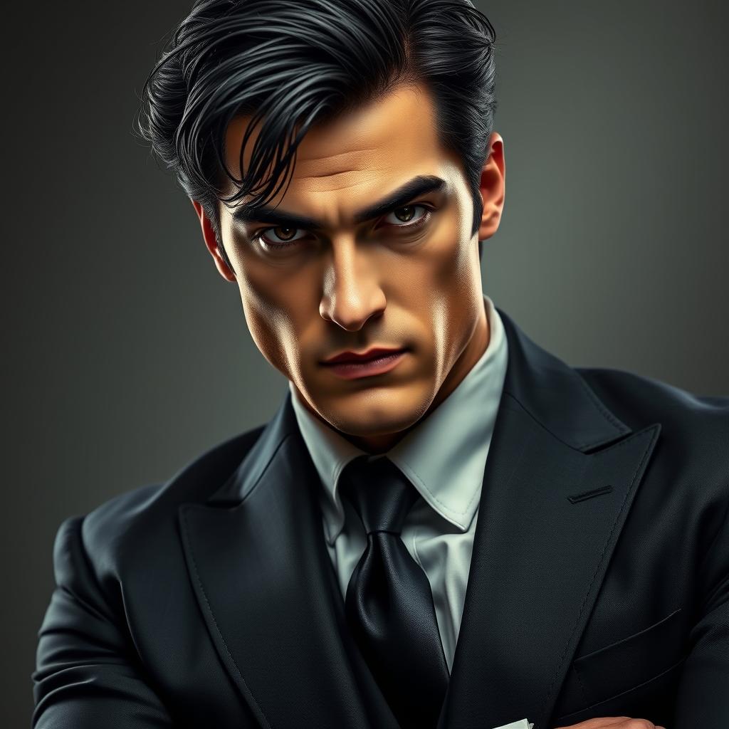 A powerful and charismatic mafia don with intense dark eyes, showcasing a complex mix of calculation and passion