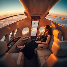 Wide-angle shot of a sleek, private jet soaring above the clouds during golden hour