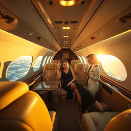 Wide-angle shot of a sleek, private jet soaring above the clouds during golden hour