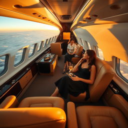 Wide-angle shot of a sleek, private jet soaring above the clouds during golden hour