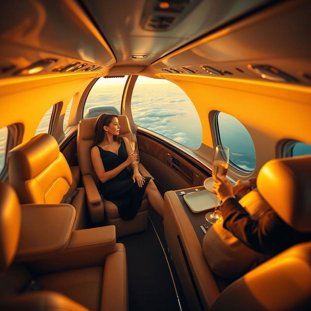 Wide-angle shot of a sleek, private jet soaring above the clouds during golden hour