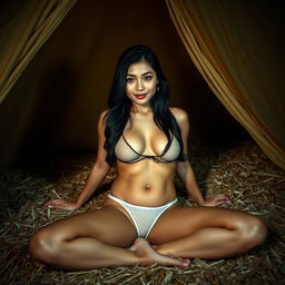 A captivating Thai woman at night, lying sensually in a tent on a bed of hay, revealing her deep cleavage while showing off her beautiful legs, elegantly posed with legs wide apart and wearing a stylish thong