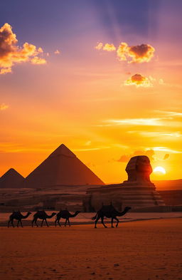 A stunning sunset over the pyramids of Giza, showcasing their majestic silhouettes against a vibrant sky filled with hues of orange, pink, and purple