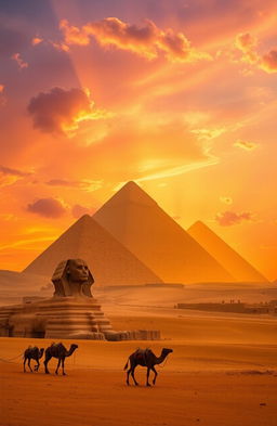 A stunning sunset over the pyramids of Giza, showcasing their majestic silhouettes against a vibrant sky filled with hues of orange, pink, and purple