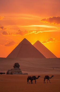 A stunning sunset over the pyramids of Giza, showcasing their majestic silhouettes against a vibrant sky filled with hues of orange, pink, and purple