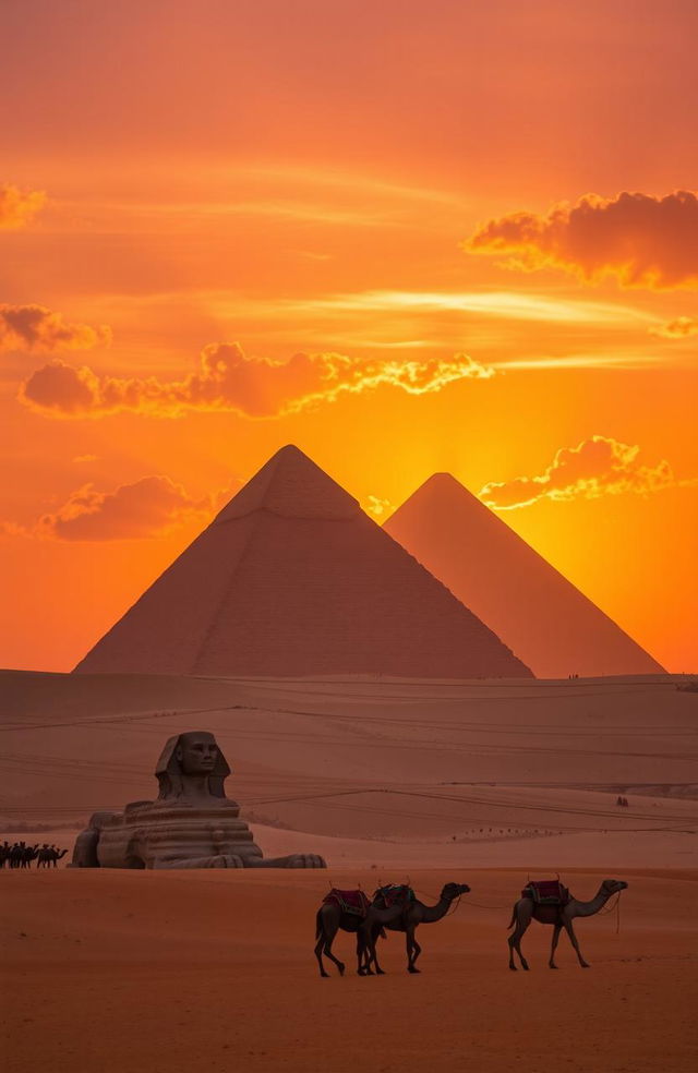 A stunning sunset over the pyramids of Giza, showcasing their majestic silhouettes against a vibrant sky filled with hues of orange, pink, and purple