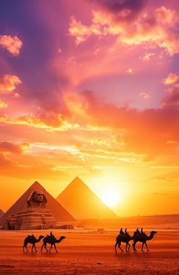 A stunning sunset over the pyramids of Giza, showcasing their majestic silhouettes against a vibrant sky filled with hues of orange, pink, and purple