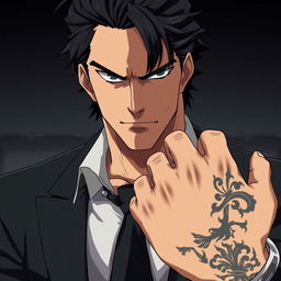 A powerful anime character with a duality in his gaze - dark and intense, shifting from calculating to passionate, reflecting his complex nature