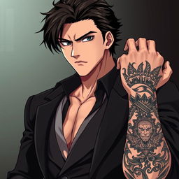 A powerful anime character with a duality in his gaze - dark and intense, shifting from calculating to passionate, reflecting his complex nature