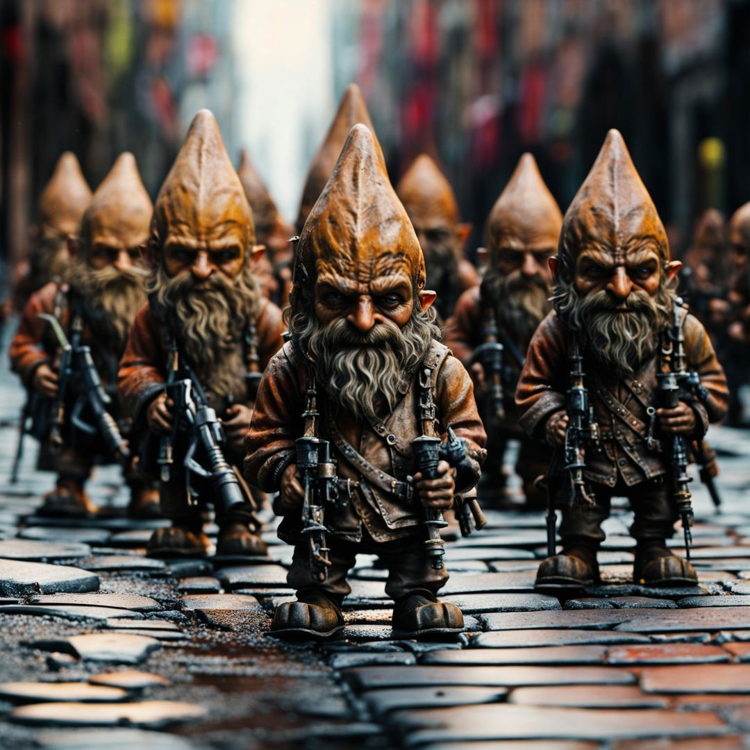 A digital art image of homeless, aggressive gnomes on a city sidewalk, their expressions filled with determination and resilience