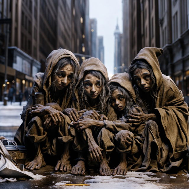 A high-resolution digital art image depicting Santa's elves as homeless, huddled together on a snow-covered city street, their faces etched with hardship but their eyes still holding a spark of hope